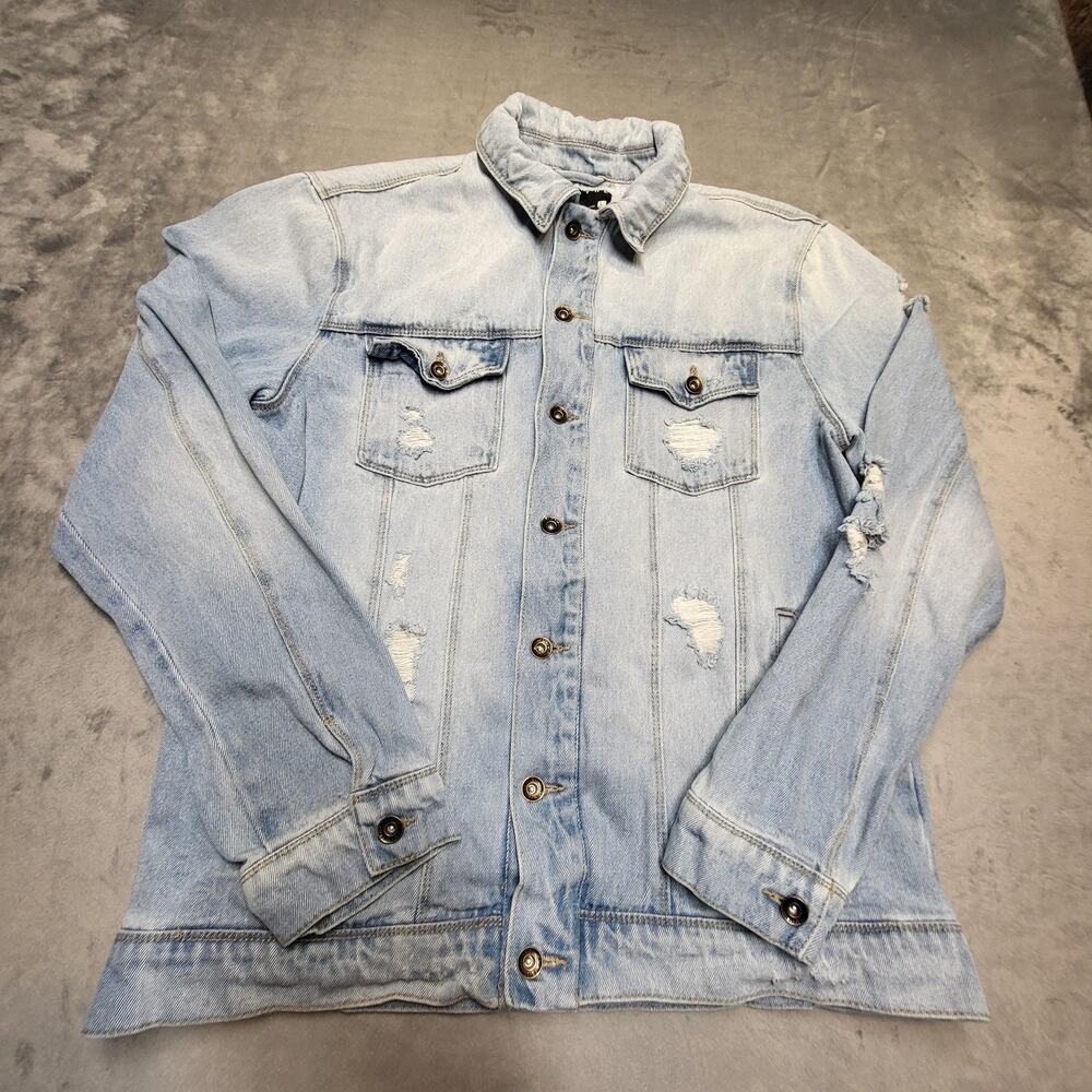 Empyre Jean Jacket Womens L Blue Denim Military Long Collared Trucker Pockets